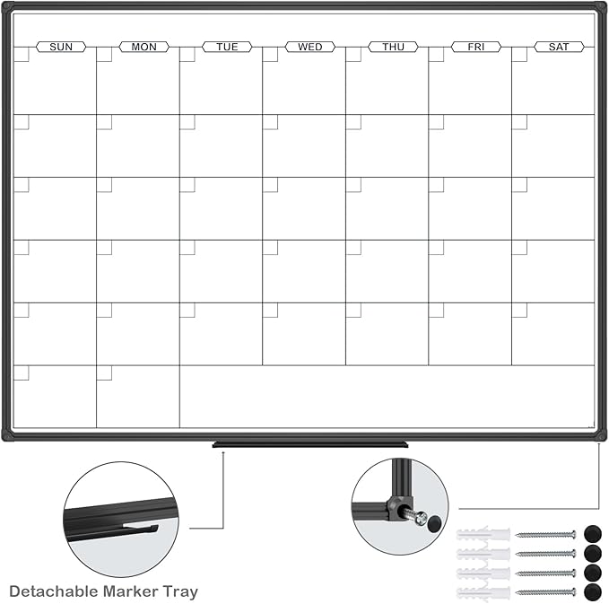 JILoffice Dry Erase Calendar Whiteboard - Magnetic White Board Calendar Monthly 48 X 36 Inch, Black Aluminum Frame Wall Mounted Board for Office Home and School