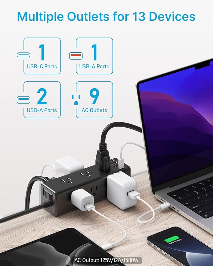 CCCEI Desk Clamp Power Strip with 9 Outlets, Desktop Edge Mount Surge Protector with USB-A and USB-C Ports, Widely Spaced Desk Outlet Fast Charging Station, 15 FT Flat Plug, Fit 1.6 inch Table.