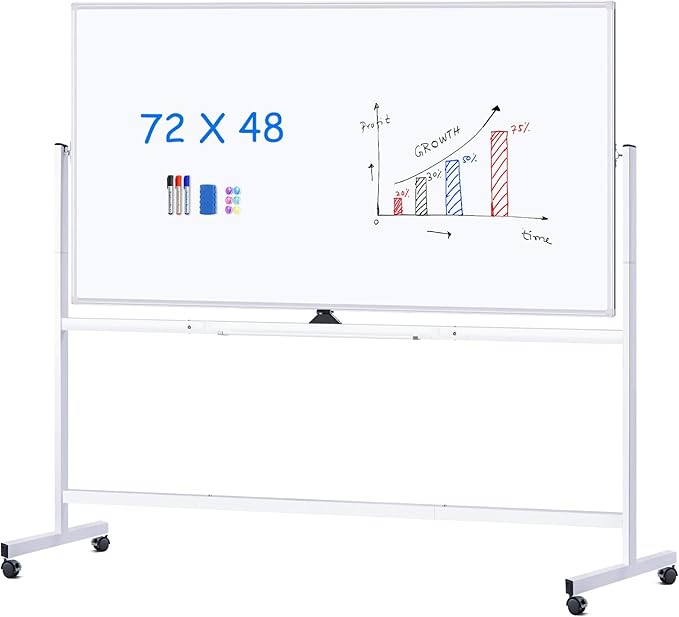 maxtek Rolling Whiteboard 72x48, Large Double-Sided White Board Dry Erase on Wheels, Giant Magnetic White Board Standing for Office, School, Home Office, Homeschool (Sliver)