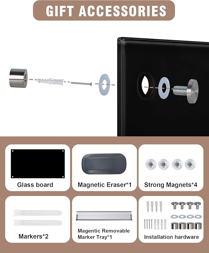 Mifuro Magnetic Glass Whiteboard，48"x36" Wall Mounted Frameless Dry Erase Board for Office, Home & School Black