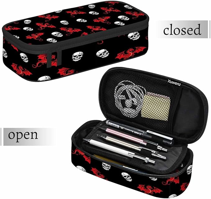 Skull Dragon Pencil Case Dead Black Red Animal Pencil Bag Pen Markers Pouch Holder Organizer for Office Clerks