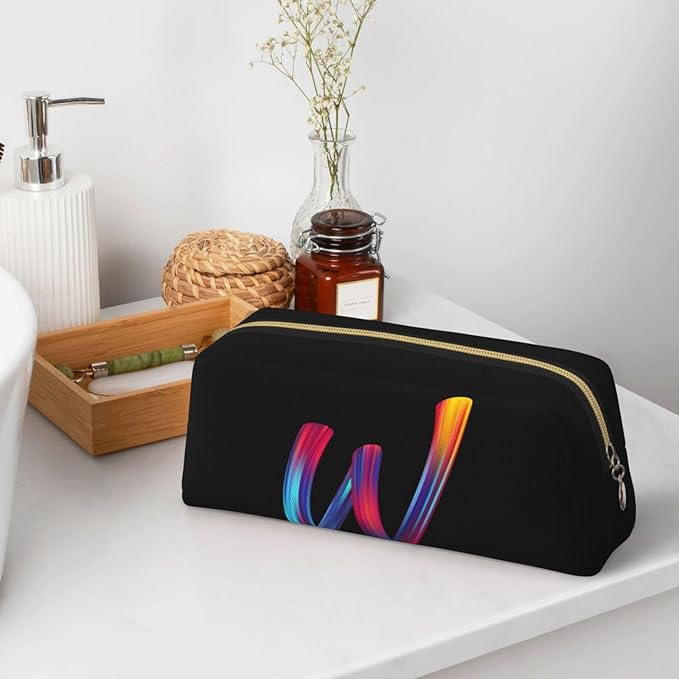 Cute Initial Pencil Case for Kids Simple Leather Pencil Pouch for Boys Girls Letter Design Pencil Box Pen Bag Pencil Pouch Office Stationery Organizer, Rainbow Letter W