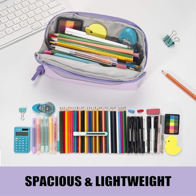 Sooez Wide-Opening Pencil Pen Case, Lightweight & Spacious Pencil Pouch Zipper Stationery Bag, Aesthetic Supply with Triangular Design for Adults, Purple