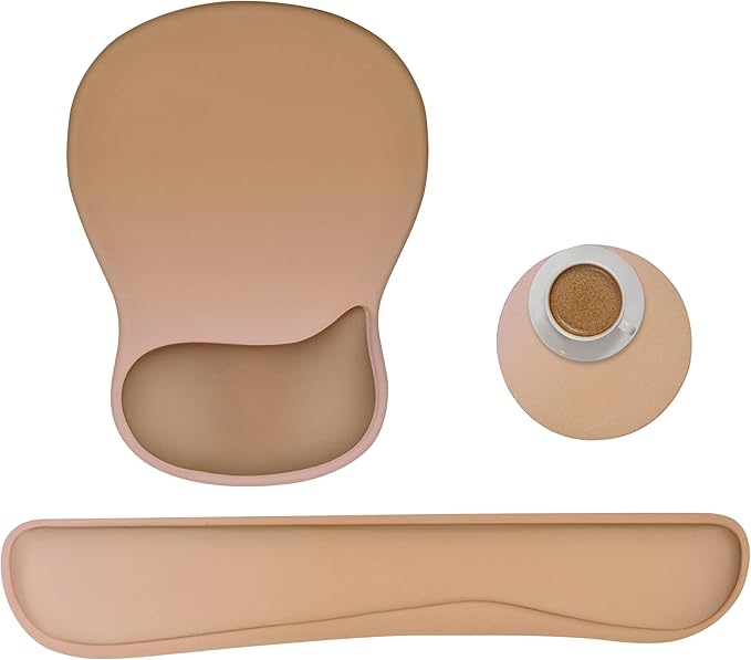 Wrist Rest Support for Mouse Pad Keyboard Set Circle Coaster Gaming Mouse Pad Ergonomic Gel Memory Foam Set for Computer, Laptop, Office, Pain Relief, Comfortably Typing Brown KM-32