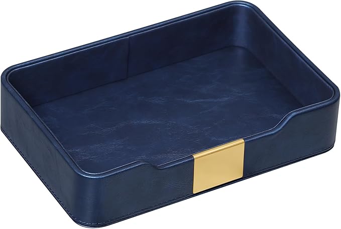 10.2" x 6.7" Nightstand Organizer Tray with Gold Accent, Decorative Valet Trays Cologne Organizer for Men, Key Bowl Perfume Trinket Tray for Dresser Bedside Entryway Table (Navy Blue)