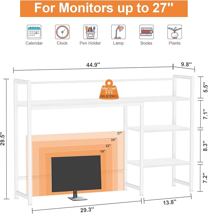 Snughome Desk Shelf, 44.9" Large Desktop Organizer Shelf, Desk Hutch for Monitor, 4 Tier Display Rack, Wooden Desktop Bookshelf Storage Rack for Home Office Dorm