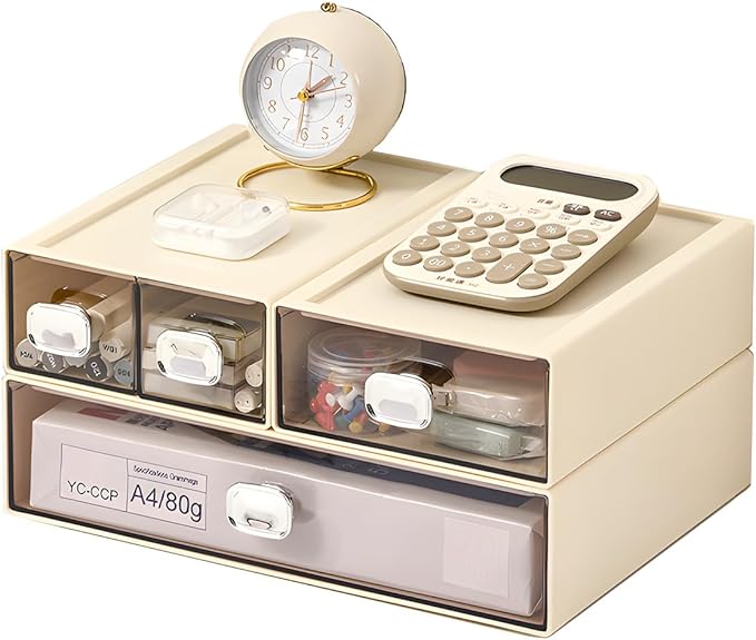 Spacious Desktop Storage Box, 1 Large 1 Middle & 2 Small Storage Drawers, Stackable Office Desk Drawer Organizer and Accessories, Printer Paper Organizer, Cream Plastic Drawers for Workspace