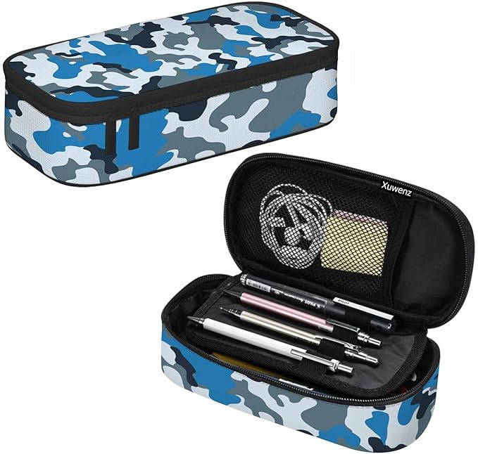 Camouflage Pencil Case Blue Gray Classic Style Pencil Bag Pouch Box Organizer for College School Students Boy Girl