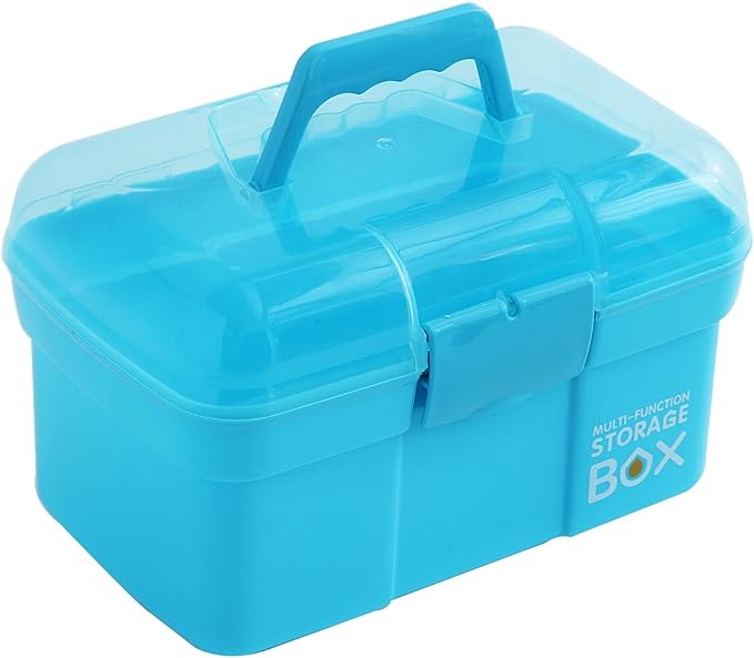 11'' Plastic Storage Box with Removable Tray, Multipurpose Organizer and Storage Case for Art Craft and Cosmetic (Blue)