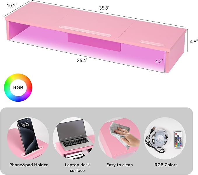 Dual Monitor Stand Riser with LED Lights and Phone Tablet Holder, 35.8in Large Monitor Stand for Desk, Computer Monitor Stand for 2 Monitors, Desktop Shelf Organizer for Laptop, Printer, TV