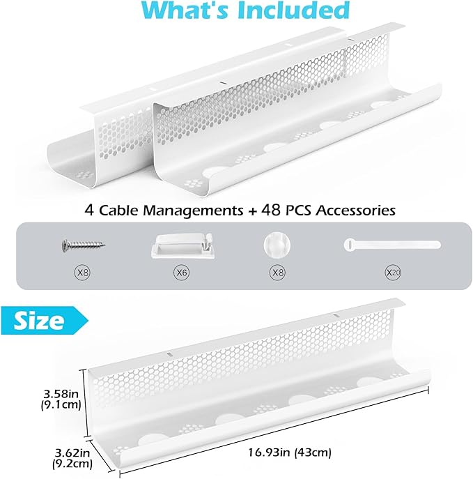 KHAMAL Cable Management Under Desk 52PCS - Cable Management Tray Kit Ventilated Hexagonal Design with Cable Clips, Wire Ties, Cord Holder & Screws for Office, Home - 4 White Sets