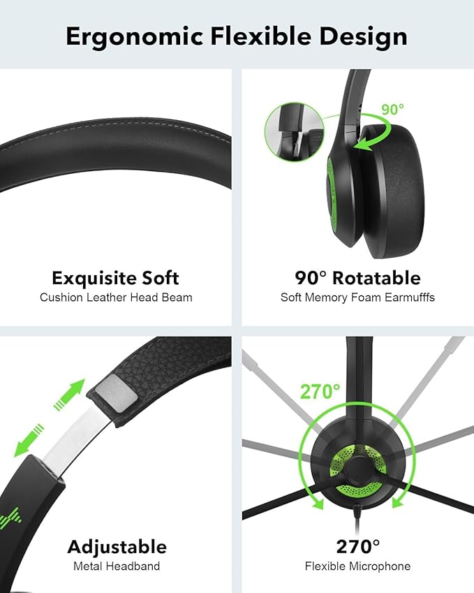 JIAMQISHI USB Headset with Mic for PC, On-Ear Computer Laptop Headphones with Noise Cancelling Microphone in-line Control for Home Office Online Class (USB+3.5mm, Green)