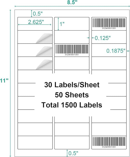 1500 Labels Address Label Sticker for Laser & Inkjet Printer 50 Sheets, 1" x 2-5/8" White Blank Printable Shipping Address Labels, Strong Adhesive for FBA Label, Easy to Peel