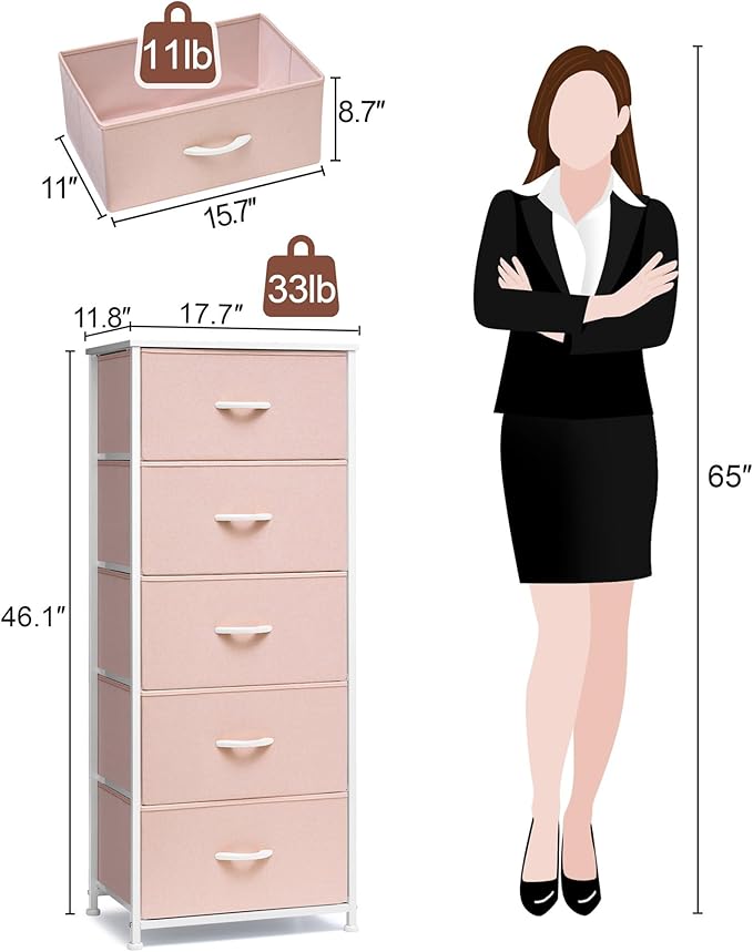 Crestlive Products Tall Dresser for Girls Bedroom, Chest of 5 Drawers, Fabric Storage Tower, Clothing Organizer for Bedroom, Hallway, Entryway, Closets, Nursery(Pink)