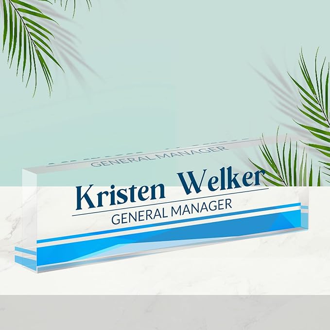 Personalized Desk Name Plate, Custom Acrylic Glass Name Plates for Desks, Office Desk Decor Nameplate, Desk Accessories, Teacher Boss Coworkers Employee Appreciation Gift (Business Blue)