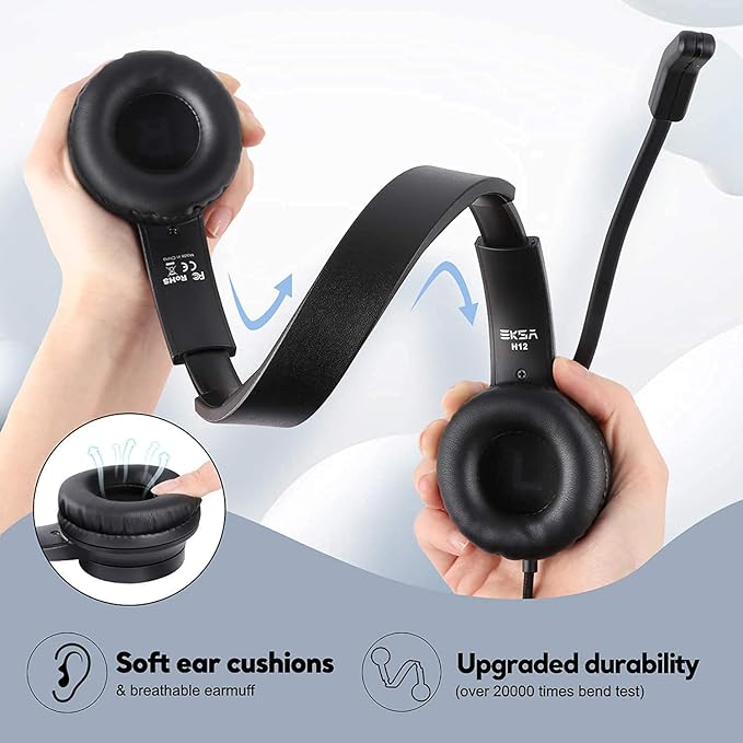 EKSA Headset with Microphone for PC, 3.5mm Wired Computer Headsets with Volume & Mic Mute Controls, Lightweight All-Day Comfort Noise Cancelling Headphones for Laptop Work Office Call Center Skype