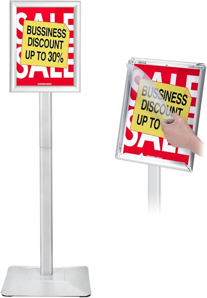 Heavy Duty Adjustable Pedestal Poster Sign Stand, 8.5x11 Aluminum Open Floor Standing Sign Holder for Vertical and Horizontal View Display (8.5x11,Silver)