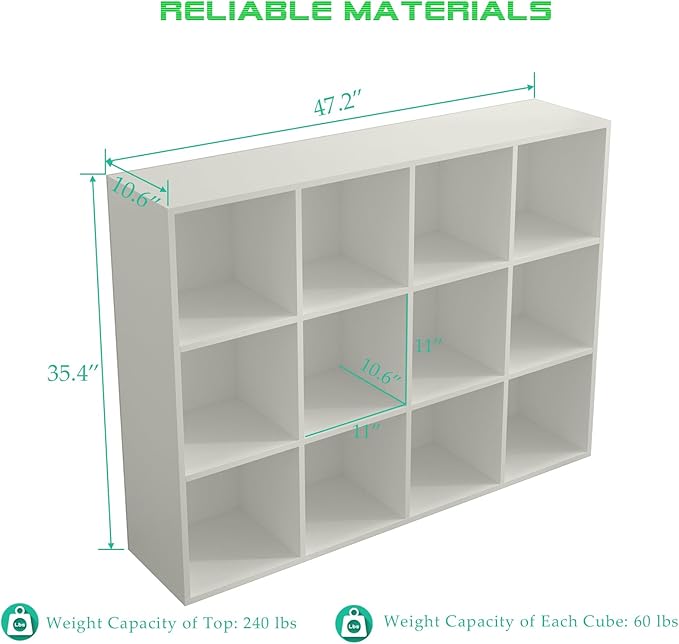 12-Cube Storage Shelf Bookcase - Wooden 3-Tier Floor Standing Open Bookshelf for Home and Office, Display Cabinet, Warm White