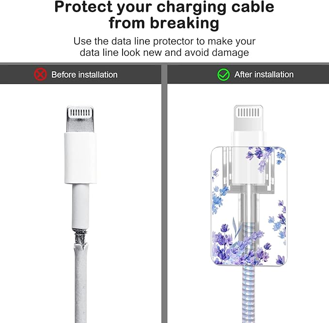 Cute Flower DIY Protectors Cable Protector for iPhone Charger,Kawaii Purple Lavender Pattern,Data Cable USB Charger Data Line Earphone Wire Saver for iPhone X 13 12 11 Pro Max