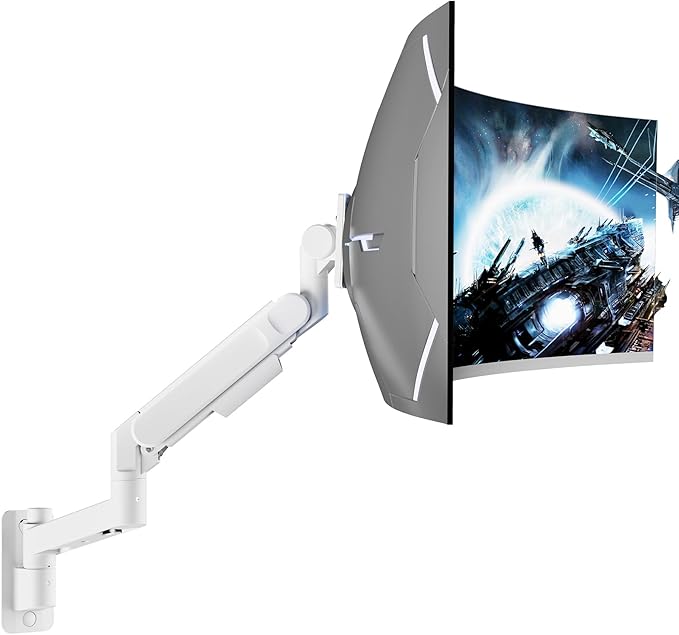 ARES WING Monitor Wall Mount for 24-57 Inch Ultrawide Gaming Screens, Premium Heavy Duty Monitor Arm Holds 60 lbs, Full Motion Gas Spring, Bearing Head for Easy Adjustment, 75/100 VESA Mount, White