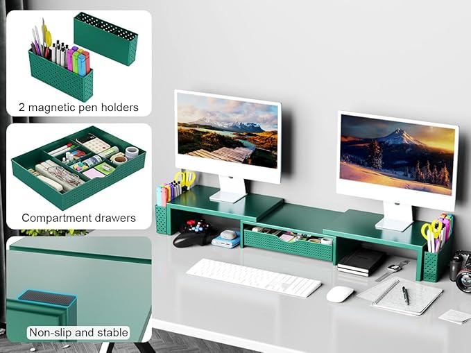 Spacrea Metal Desk Organizers and Accessories, Dual Monitor Stand Riser with Drawer and 2 Pen Holders, Desk Accessories & Workspace Desktop Organizers for Office Supplies (Dark Gree)