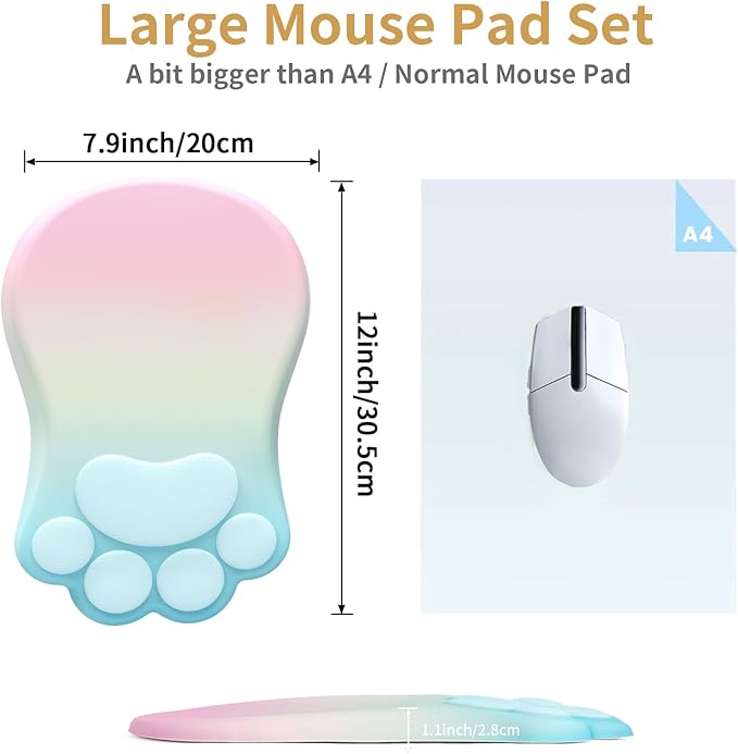 L-SPOUTTO Ergonomic Mouse Pad with Wrist Rest,Cute Cat Paw Mousepad Wrist Support,Comfortable Massage Design Computer Pain Relief Mouse Pad with Non-Slip PU Base for Desk Laptop Gaming,Rainbow