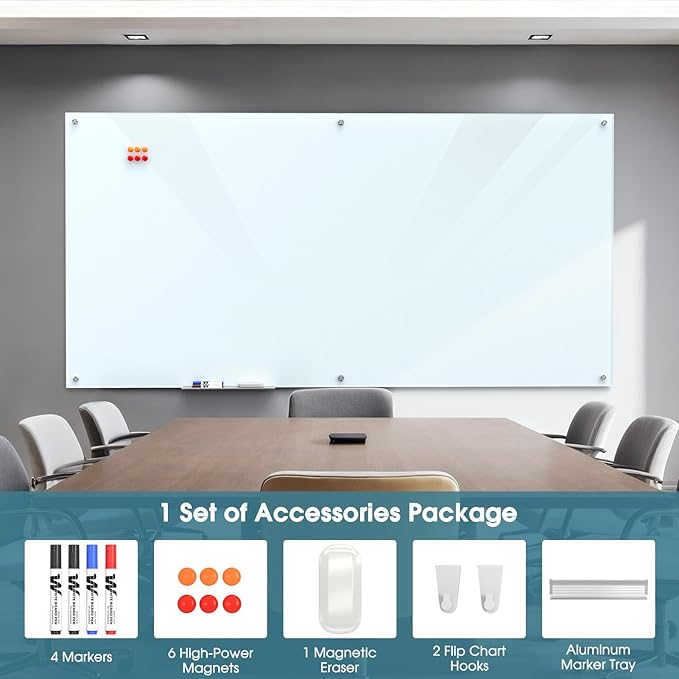 MaxGear Glass Whiteboard Wall Mounted, Frameless Magnetic Dry Erase Board, Tempered Glass, Steel-Backed, Non-Porous Smooth Surface, Floating Design, Accessories Included, for Office Home Classroom