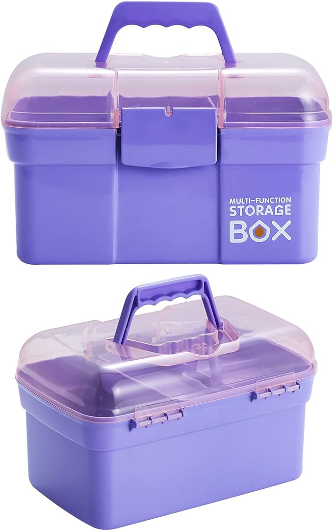 11'' Plastic Box Organizer with Removable Tray, Sewing Box Organizer (Purple)