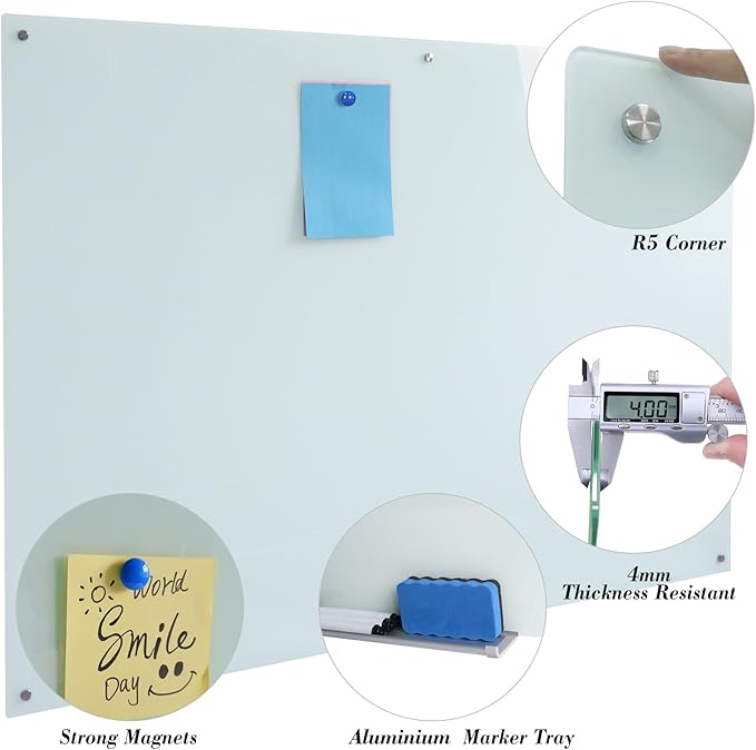 Magnetic Large Glass Board 72"x 48" Dry Erase Writing Board Premium Tempared Galssboard Frameless Message Board with Full Accessories Wall Mounted White Board