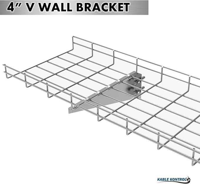 Kable Kontrol Stainless Steel V Type Wall Bracket – 4” Width - Wire Mesh Tray Cable Management Rack Cords Organizer Cable Basket, NEC Approved for Network, Fiber Optic, Cabling Accessory