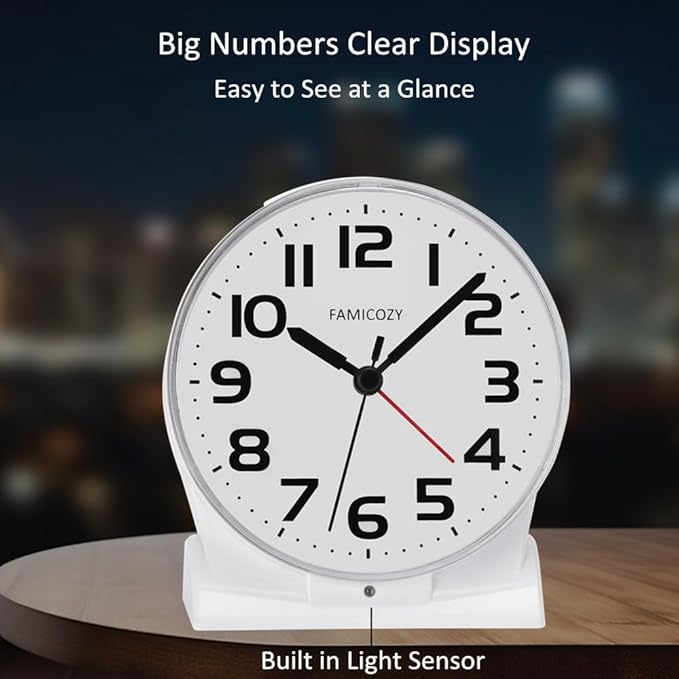 FAMICOZY Automatically Backlighted Alarm Clock,Silent No Ticking for Seniors Vision Impaired,Easy to Set,Big Numbers,Ascending Alarm,Gentle Wake,Snooze,2 AA Battery Operated,White