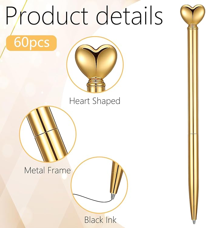 Wanmu 60 Pcs Heart Pens, Hearts Shaped Retractable Metal Cute Pens 1.0 mm Black Ink Novelty Pen Gold Slim Ballpoint for Valentine's Day Students Teachers Employees Gifts Office School Supplies