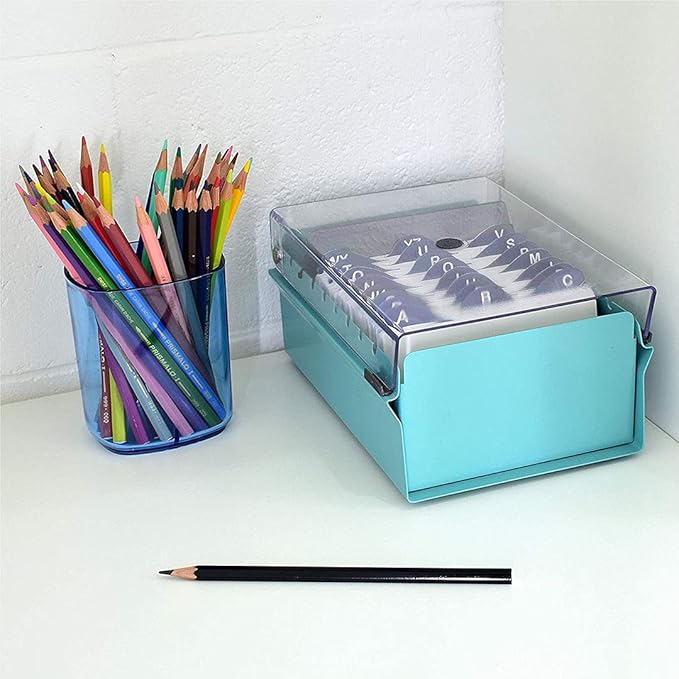 Acrimet 3 x 5 Card File Holder Organizer Box Metal Base Heavy Duty (AZ Index Cards and Divider Included) (Green Color with Clear Crystal Plastic Lid Cover)