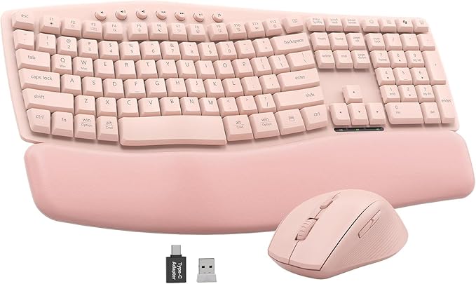 Pink Quiet Wireless Keyboard and Mouse Combo, 2.4G Ergonomic Wave Key Board with Cushioned Plam Rest, Full-Size Soft Typing Keyboards, 3 DPI Adjustable Silent Mouse for Computer/Laptop/Windows/Mac
