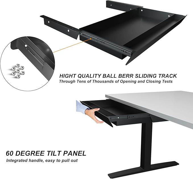 Large Under Desk Mounted Sliding Drawer with Pencil Tray and 60 Degree Tilt Panel to Pull Out, 22'' Long & 13'' deep Large Storage Organizer for Sit Stand Workstation