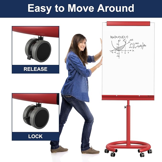 TSJ OFFICE Mobile Whiteboard Magnetic - 40 x 26 Inches Dry Erase Board on Wheel with Stand Flipchart Easel Height Adjustable,Red
