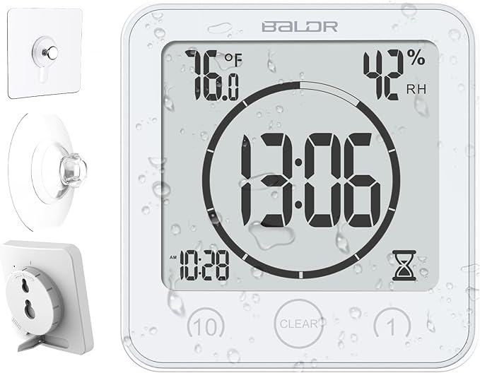 Baldr Shower Clock Waterproof Bathroom Clock with Timer/Temperature/Humidity, Digital Timers for Kids and Adults, Bath Kitchen Study, White