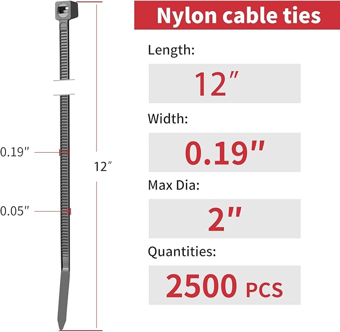 12 Inch White Zip Ties (2500 Pack), 65 LBS Tensile Strength, Self-Locking Nylon PA66 UV Resistant Cable Ties for Indoor and Outdoor Use