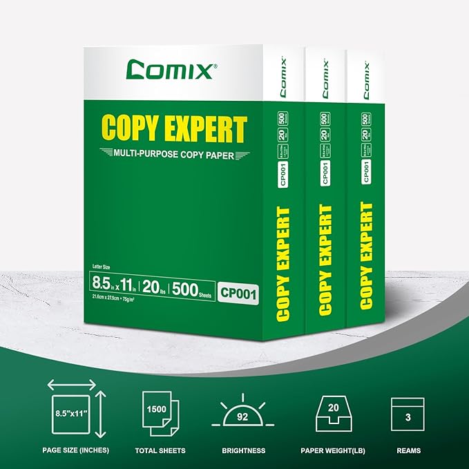 COMIX Copy Paper 8.5"×11" Letter Size 20 Lb 92 Bright White, 3 Reams/1,500 Sheets Total – Printer Paper for Office, School, and Home, Made in USA