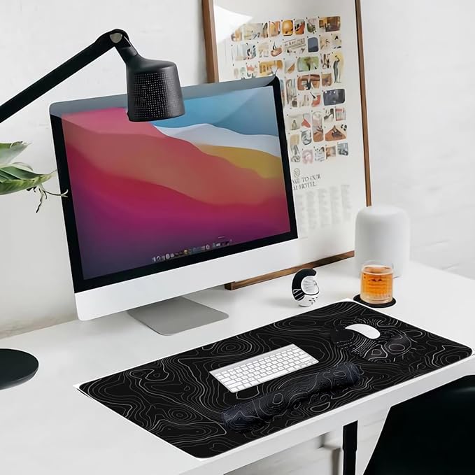 4-in-1 Gaming Mouse Pad Wrist Support Set，Desk Pad + Mouse Pad with Wrist Rest + Keyboard Wrist Rest + Coaster, Ergonomic Design for Home Office Study Game - Topographic Contour