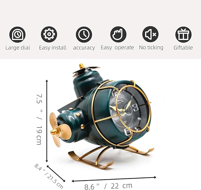 YOUKI Airplane Desk Clocks,Tabletop Decor,Airplane Gifts for Men,Industrial Decor,Shelf Clock for Bedroom Office,Silent No Ticking,Battery Operated,Green,8.6 x 8.4 x 7.5 inches