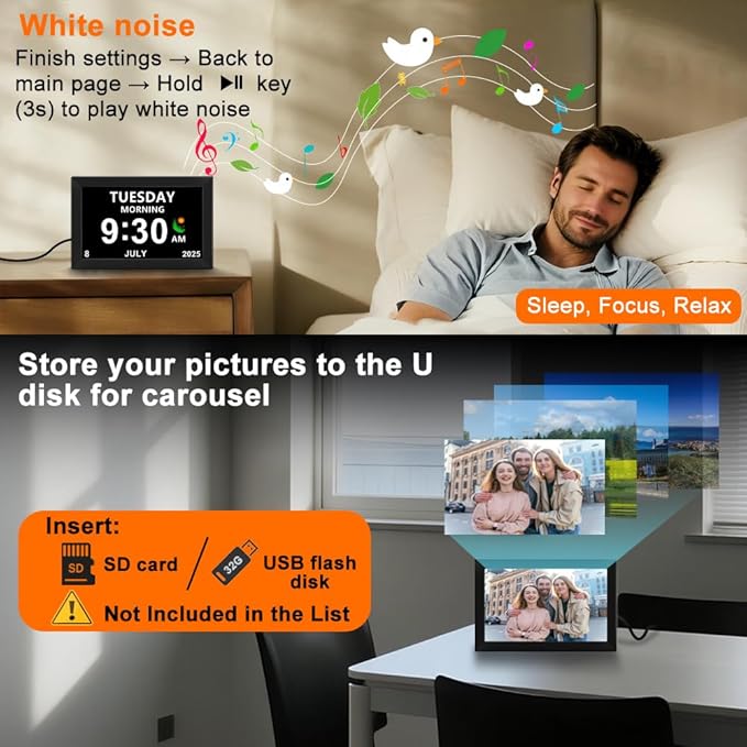 Digital Alarm Clock for Seniors - No-Abbreviation Date HD Display Auto Dimming Photo FrameWhite Noise DST Adjustment, Ideal Gift for Elders (10inch Black)