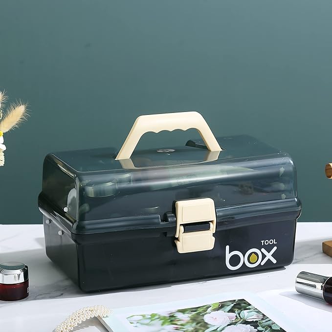 12'' Three-Layer Clear Plastic Storage Box/Tool Box, Multipurpose Organizer and Portable Handled Storage Case for Art Craft and Cosmetic (Black)