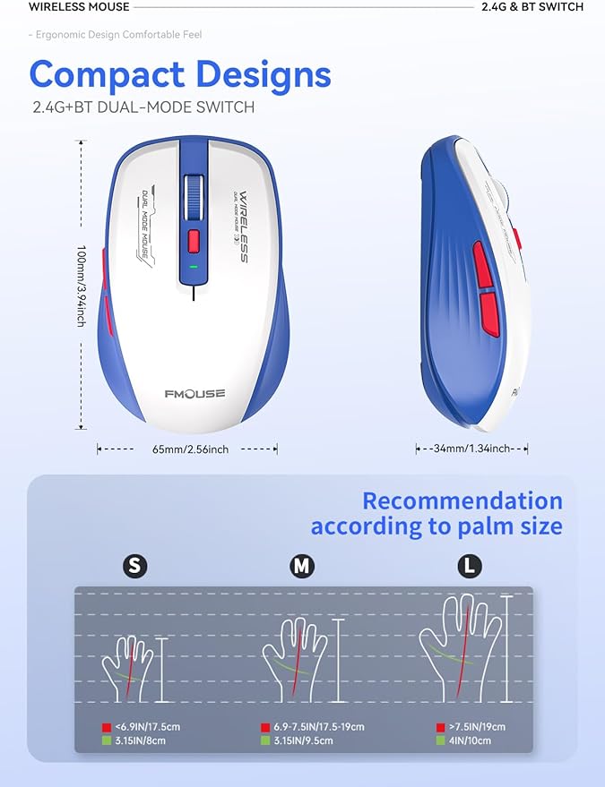 Bluetooth Mouse, Bluetooth 5.1 + 2.4GHz USB + USB-C Dongle, Wireless Mouse Tri-Mode, with Forward/Backward Side Keys, Silent Click, Side Buttons, Portable for Laptop, Mac, iPad (Blue White)