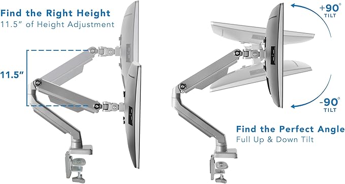 Mount-It! Single Monitor Desk Mount with Height Adjustable Mechanical Spring Arm, Full Motion Silver Bracket Fits 24 27 29 30 32 Inch Screens VESA 75, 100 mm, Easy Install C-Clamp and Grommet Base