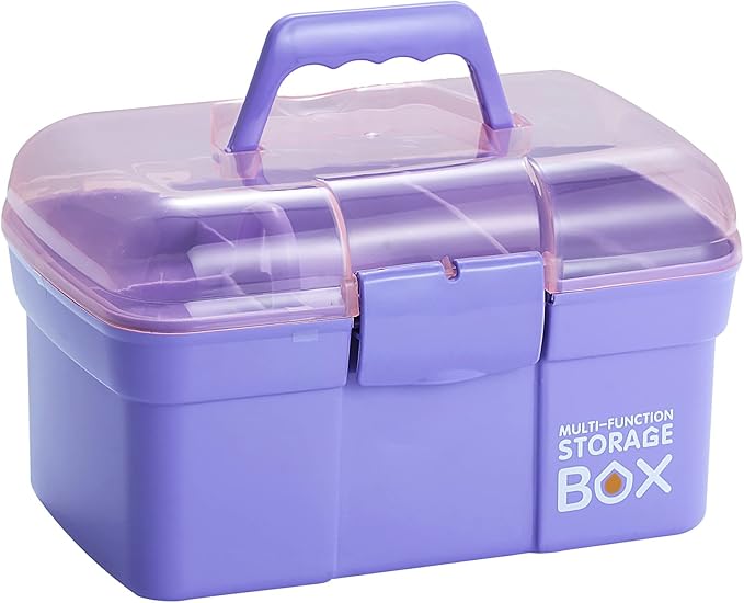 11'' Plastic Box Organizer with Removable Tray, Sewing Box Organizer (Purple)