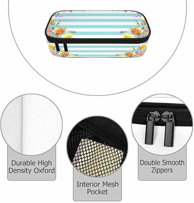 Bright Flower Pencil Case Beautiful Bouquet Roses Blue Stripes Pencil Bag Pen Markers Pouch Holder Organizer for Boy Girl School Students