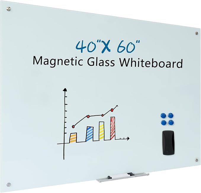 Magnetic Glass Dry Erase White Board Whiteboard Glass Writeboard 40"x60" Tempered Glass Dry Erase Board Wall Mounted Frameless Writing GlassBoard for Office School Home (White)