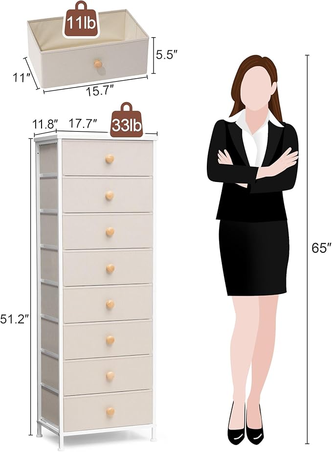 Crestlive Products Tall Dresser, 8-Drawer Fabirc Storage Tower, Chests of Drawers - Vertical Organizer Unit for Bedroom, Hallway, Entryway, Nursery, Closets - Steel Frame, Wood Top & Handles (Beige)