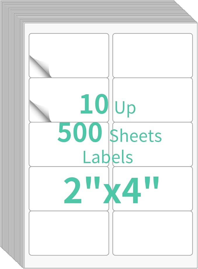 InpourPack 500 Sheets 10 up Labels, 2" x 4" Sticker Printer Paper for Laser/Inkjet Printer, Mailing Blank Labels, Self Adhesive Customizable